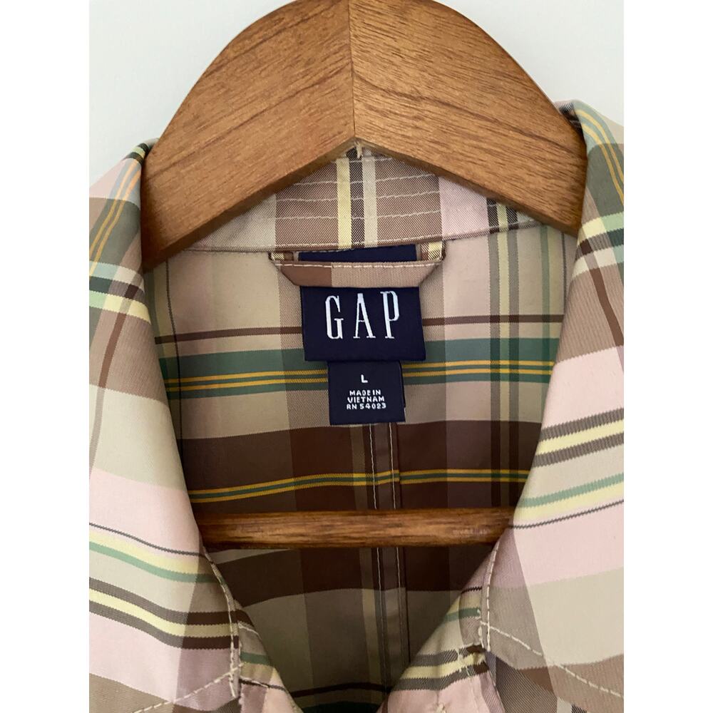 Gap Brown Pink Yellow Plaid Collared Jacket Midi Length Y2K 90s Windbreaker Rain - Picture 4 of 10